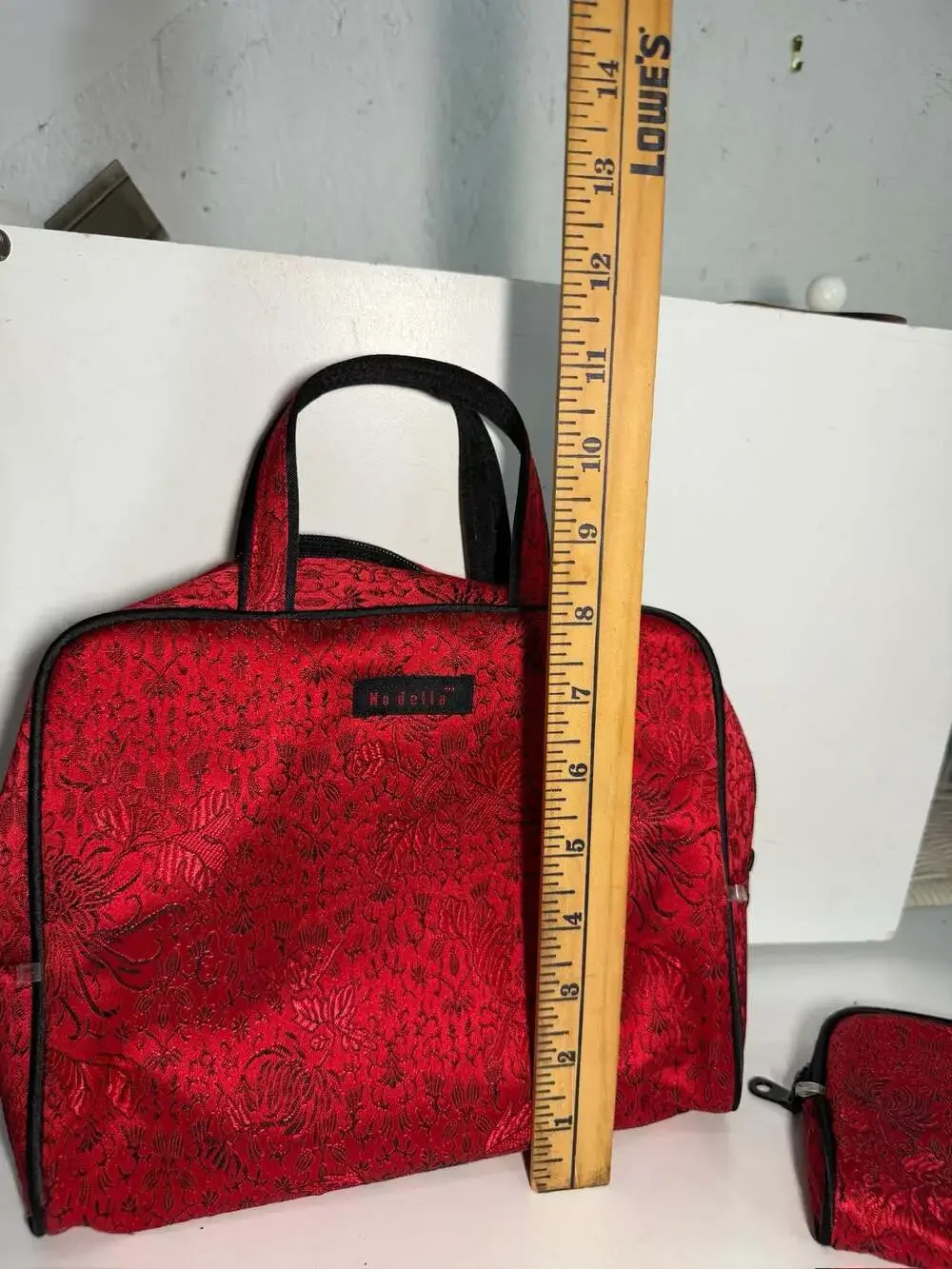 Modella Red Floral Brocade Cosmetic Makeup Bag Set